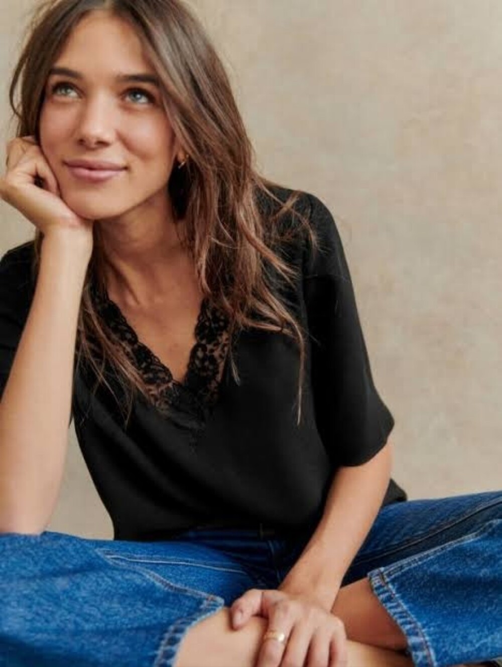 Sezane Black V-Neck Lace Top FR 36, US 2-4